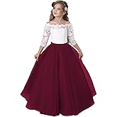 CHONLuo Girls Lace Tulle Princess Pageant Dress Long Sleeve Kids Flower Girl Dress for Wedding