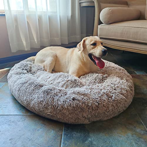 Coohom Oval Calming Donut Cuddler Dog Bed,Shag Faux Fur Cat Bed