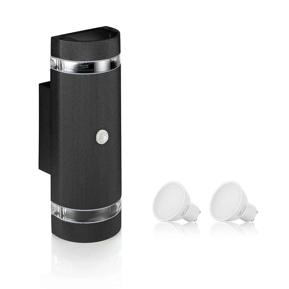 Auraglow PIR Motion Sensor Double Up & Down Outdoor Wall Security Light - Black - Warm White