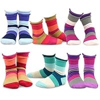 TeeHee (Naartjie) Kids Girls Cotton Roll Top Crew Socks 6 Pair Pack (9-10 Years, Indian Stripe)