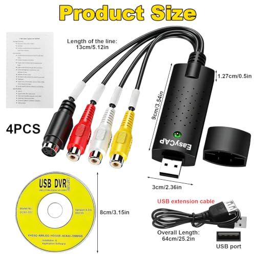 VHS to Digital RCA Converter Video and Audio Capturadora USB Converter for VHS VCR TV DVD Analog zu Digital Video Konverter for Windows 11 10 8 7 Mac XP Vista Black