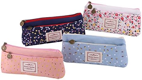 Dxg Flower Floral Canvas Pencil Case, Zipper Pen Pencil Holders Pouch Bag Cosmetic Bags (4 pcs garden fresh style)