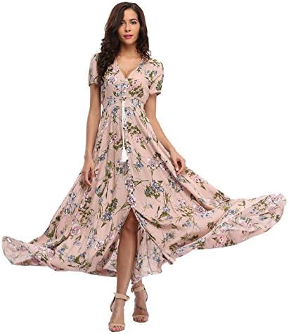 FerrendoWomen's Floral Maxi Dress Button Up Split Flowy Bohemian Party Beach Dresses