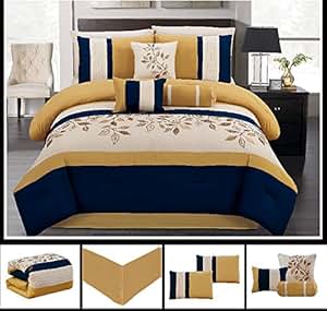 Amazon.com: 5 Piece Luxury Yellow / Navy Blue / Beige Leaf