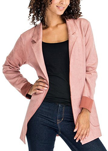 Faux Suede Leather Open Front Long Sleevee Relaxed Fit Basic Coat Outerwear Jackets 185 Mauve Large - Thumbnail 3