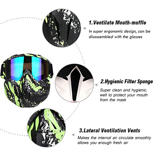 PiscatorZone Motorcycle Goggles Mask, Tactical Glasses with Detachable Mask Adjustable Windproof Outdoor Paintball Airsoft Mask Face Shield for Kids Men Women