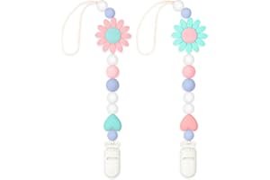LSTRAGY Silicone Pacifier Clip, 2 Pack Pacifier Holder for Boys and Girls, Adorable Sunflower Pacifier Clips Fits for Most Pacifier, Baby Teethers, Baby Shower and Baby Gift(Pink&Green)