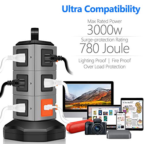 Power Strip Tower, Costech 10 Outlets Surge Overload Protector; Multi Plug Extender with 4 USB Charging Port & 6FT Stretch Extension Cord - Thumbnail 4