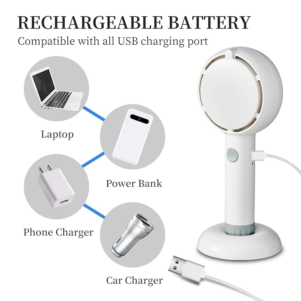 Star Compass Mini Handheld Fan, Battery Operated Rechargeable Portable With LED Light Makeup Mirror, Bladeless Small Personal 3 Speeds Eyelash for Women Girls Outdoor Travel (White)