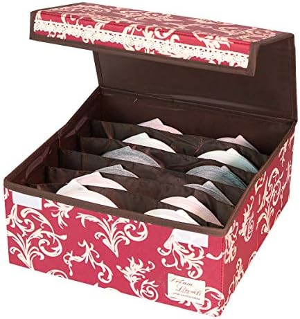 HOMESGU Designed for Bras 6 Grid Foldable Bra Storage Box with Dust-Proof lids Washable Bra Closet Storage Organizer Drawer Units(Bra Box-can Store 6Pcs Bras, Classical Red)
