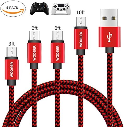 Xbox One Cable – Wodeer USB Cable Micro 4-Pack [3FT 6FT 6FT 10FT] Nylon-Braided Android Charging Cable for PS4，Samsung, LG, HTC, Kindle, Tablet and More (Red)