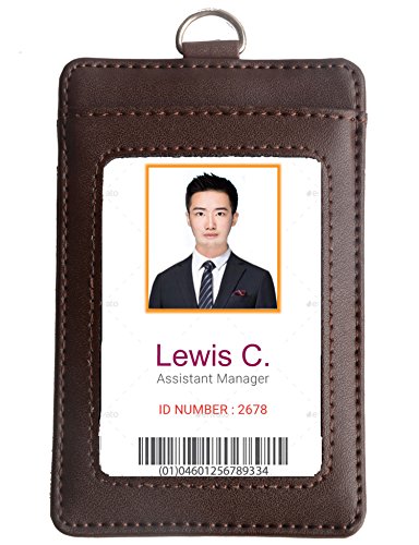 SeptCity ID Badge Holder with 1 ID Window &2 Card Slots and Detachable Neck Lanyard/Strap, 2-Sided Vertical Leather ID Card Case (12Colors) (Coffee)