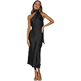 Women’s Elegant Halter Tie Neck Satin Midi Dress Sexy Slit Backless Wedding Guest Dress Formal Cocktail Party Dress