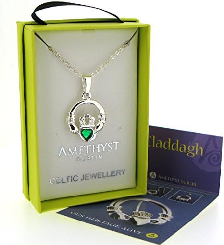 Silver Plated Claddagh Pendant with Green Stone Presented in A Box