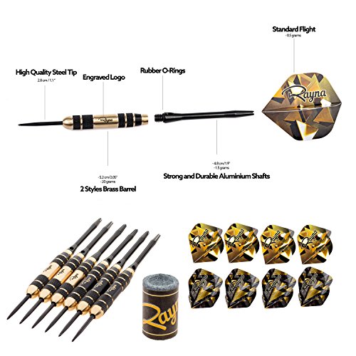 Rayna Games Professional Darts Set - Steel Tip Darts with Aluminum Shafts and Different Style Flights + Dart Sharpener + Premium Dart Case