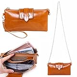 AINIMOER Luxury Waxy Cow Leather Organizer Link-chain Long Clutch Purse Card Case Holder Wristlet Shoulder Cross Body Bag Zippered Wallet Women's Handbag(Brown)