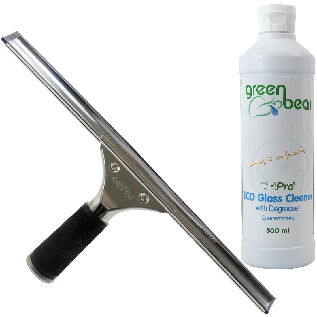 GBPro Professional Window Squeegee Stainless Wiper 35cm / 14 inches + Eco Concentrated Glass Cleaner with Degreaser