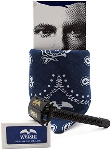 WEISHI BANDANA-Series Matte BLACK Long Handle Version Butterfly Open Double Edge Safety Razor Twist to Open Men's Shaver With 20"X20" BANDANA