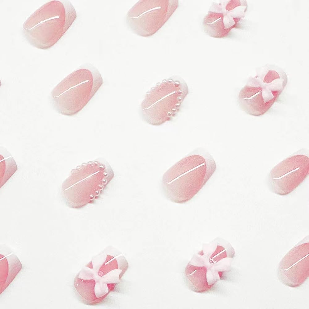 Short Press On Square Fake Nails - White French Tip, Pink Acrylic, Pearl Bow Charms Design - Glue On, Glossy Full Cover Stick On Nails - 24 Pcs - Image 3