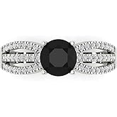 Clara Pucci 1.27 cttw Onyx 14K White Gold Solitaire with Accents Ring for Women - Cocktail Statement Fashion Jewelry Gift (6.5mm, Round Cut)