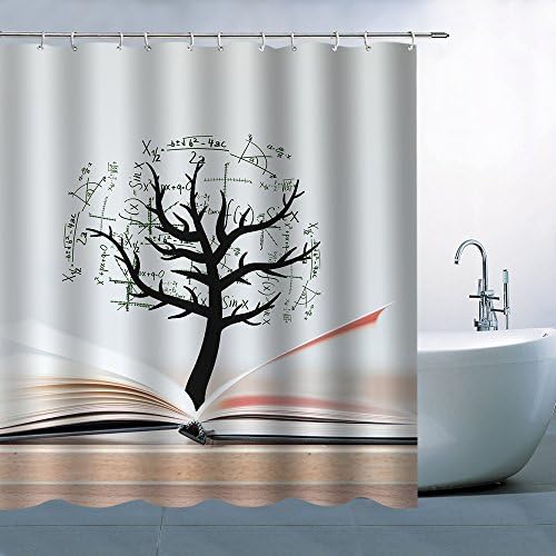 Novelty Ideas Book in Wisdom Tree Leaves are Mathematical Formulas Gray Simple Unique Home Shower Curtain Polyester Fabric Water Repellent Mildew Resistant 70 x 70 Inches Antibacterial Include Hooks