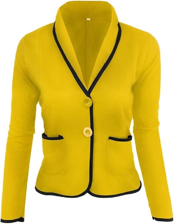Amazon Candiyer 女性のボタン長い袖以上のサイズのポケット薄いショートブレザーコート Yellow L コート ジャケット 通販
