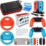 Accessories Kit for Nintendo Switch Games Bundle Wheel Grip Caps Carrying Case Screen Protector Controller Charger (17 In 1)