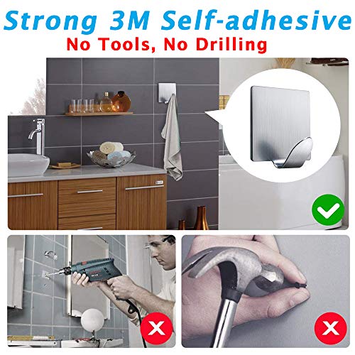 Wodgreat Adhesive Hanging Hooks, 3M Self-Adhesive Waterproof Stainless Steel Hooks Wall Utility Hooks, for Towel Keys Bags Kitchen Tools Bedroom Bathroom Office (4 Packs)