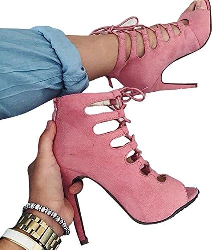 Huiyzuhi Women's Lace Up High Heel Pumps Cut Out Sandal Heel (7 B(M) US, Pink)