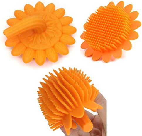 Baby Bath Brush, YUANFENG Ultra Soft Silicone Shower Brush Infant Scalp Scrubber Body Massage, Multi-use Skin Care for Kids and Adult, Sunflower With Handle (Orange)