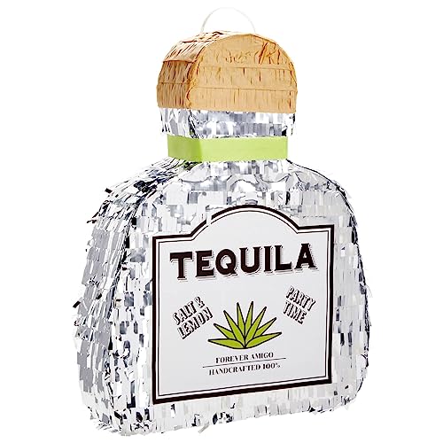Sparkle and Bash Pinata Tequila Bottle Shape - Small, Silver Foil, 16.5 x 13 x 3 In - Pinata for Tequila Party Decorations & Table Centerpiece & Photo Prop