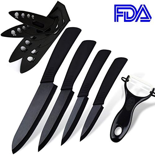 UTimHome Ceramic Knife Set, Multipurpose, Blade Kitchen Knives with Sheath Protector - 6" Chef Knife, 5" Utility (Slicing), 4" Fruit Knife, 3" Paring, Vegetable Peeler (Black)