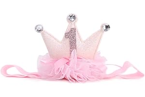 LINLULU 1st Birthday Crown Headband for Baby Girls - Elastic Pink Glitter Mini Crown, Princess Crown Headband, Tulle Bow Crown Baby Headband, Cake Smash Photo Prop (pink baby headband)