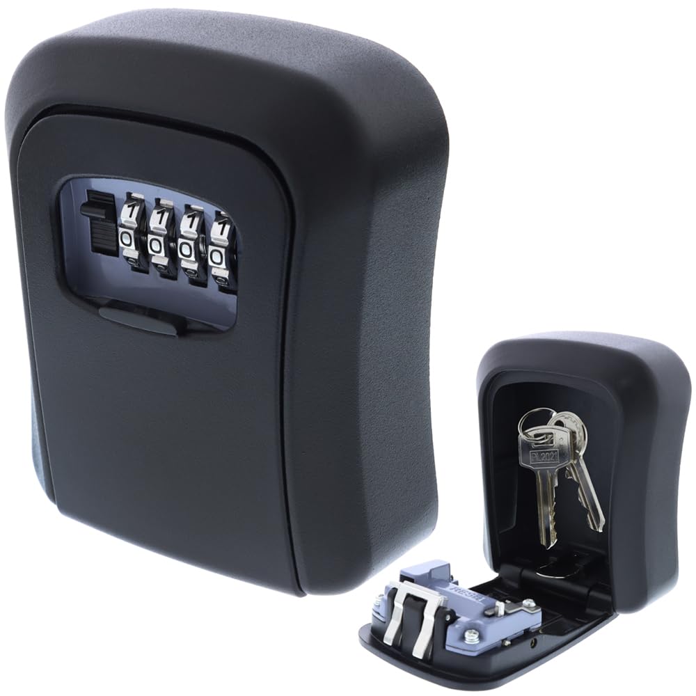 foto-kontor Key safe with tamper protection - 4 digit numerical code - key box - wall mounting - outside and inside - stable and secure - key handover - black