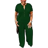 YeGine Plus Size Women Short Sleeve Loose Jumpsuit Casual Rompers One Piece Button Up Wide Leg Jumpsuits