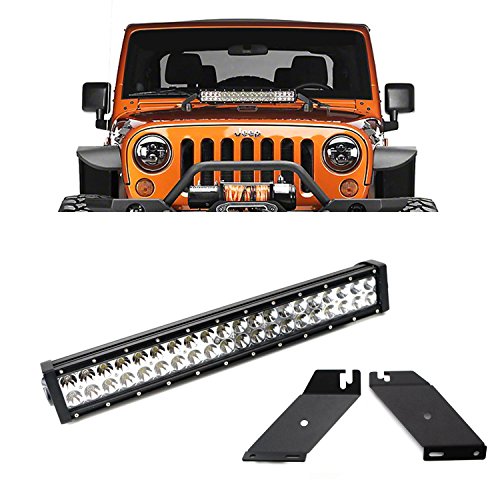 iJDMTOY 20" 120W High Power Double-Row LED Light Bar w/ Near Windshield Hood Mounting Brackets & On/Off Switch Wiring For 2007-2017 Jeep Wrangler JK, etc