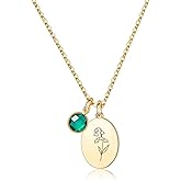JRLCTECH Birth Flower Necklaces for Women, 18K Gold Plated Dainty Birthstone Pendant Necklaces Trendy Handmade Oval Coin Birth Month Flower Jewelry Birthday Gifts for Women Girls Teens