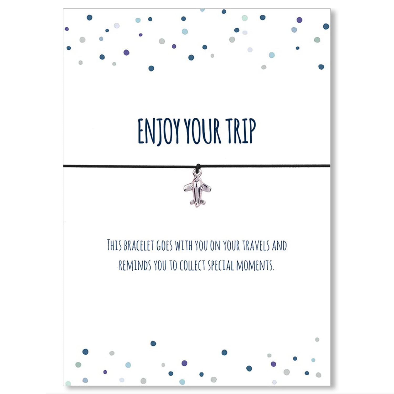 Glücksschmiedin Enjoy Your Trip – Bracelet with Airplane Pendant, Silver-Plated, Elastic Black Textile Strap, Comes with a Lovely Card in English