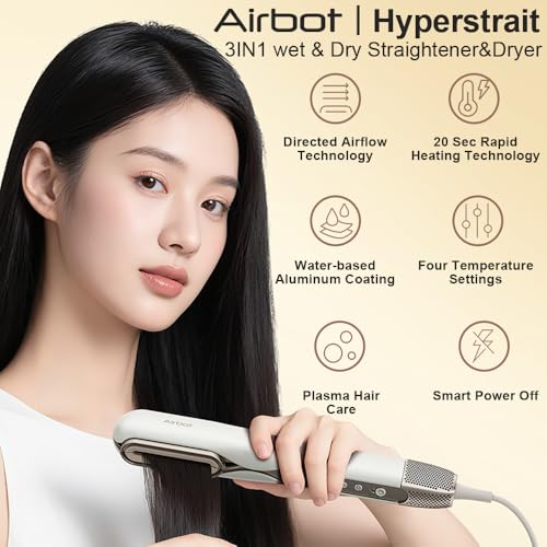 Airbot Hyperstrait 3in1 Hair Straightener&Dryer&Brush, 100 Million Plasma Care Comb & Dry & Straighten, For Beautiful Soft Hair, Fast Heating&4 Temp Settings, Smart Power Off, HD218, Gold