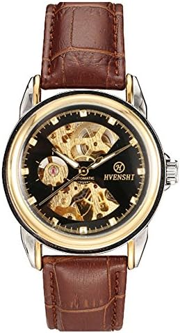 HVENSHI Men's Gold Skeleton Self-Winding Auto Mechanical Leather Wrist Watch YSW022G, Brown/Black