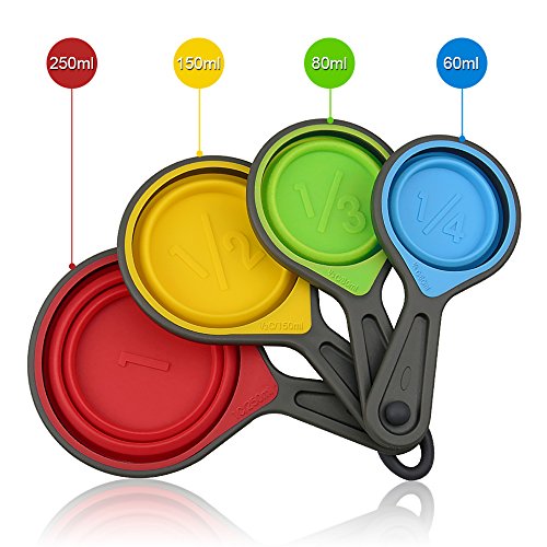 Measuring Cups and Spoons, Collapsible Silicone Measuring Cups and Spoons set, 8 piece Measuring Tool Engraved Metric/US Markings for Liquid & Dry Measuring, Space Saving, BPA Free Silicone, Colorful