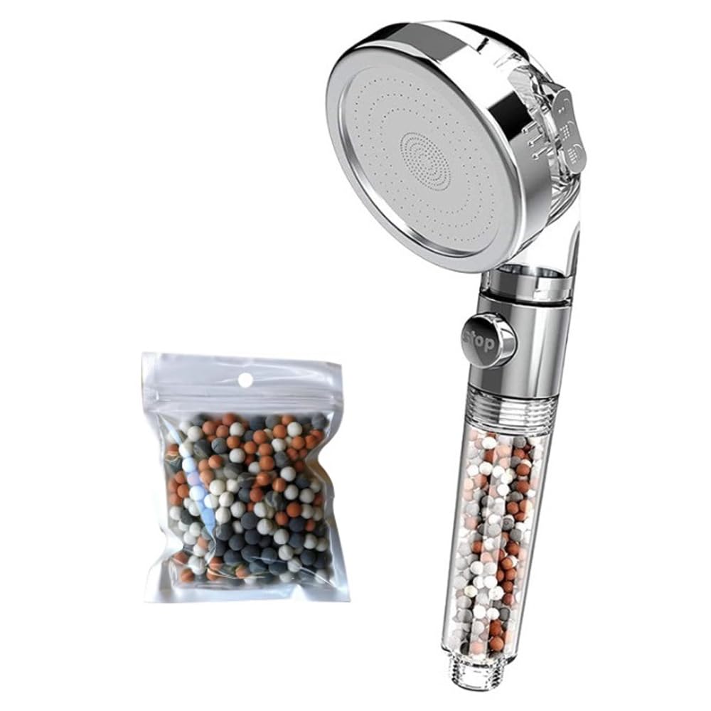 3 Mode Water Saving Shower Heads with Water Stop Button Only Extra Bag of Ionic Stones