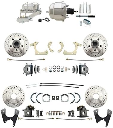 Chevy Car Front/Rear Drilled &amp; Slotted Disc Brake Conversion Kit Chrome Booster