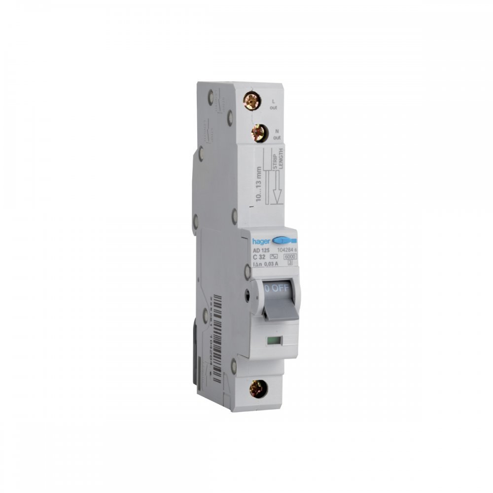 Hager ADB110 AC Class Commercial and Industrial Electronic RCBO, 1 Pole, 1 Module, Type B, 10 kA Breaking Capacity, 30 mA Sensitivity, 10 A Current