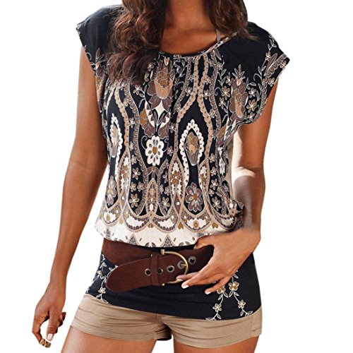 Staron Women Long Tops Short Sleeve Loose Retro Print O-Neck Beach Tunic Shirt Dress (M, Black❤️) - Thumbnail 5