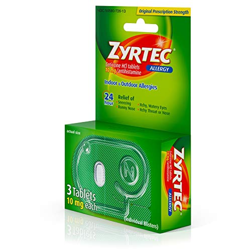 ZYRTEC 24 HOUR ALLERGY RELIEF TABLETS, ANTIHISTAMINE INDOOR & OUTDOOR ANTI ALLERGY MEDICINE + CETIRIZINE HCL, RELIEF FROM RUNNY NOSE, SNEEZING, & ITCHY EYES, SINGLE PACKS, 3 X 1 CT PACKETS
