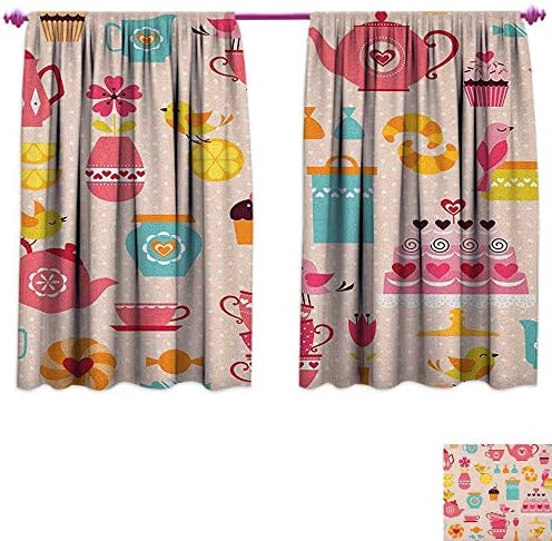 homefeel Tea Party Blackout Window Curtain Cute Tea Time Elements Funny Cartoon Birds Hearts Love Imagery Cake and Sugar Drapes for Living Room W55 x L39 Multicolor