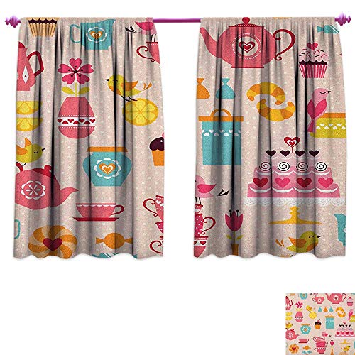 homefeel Tea Party Blackout Window Curtain Cute Tea Time Elements Funny Cartoon Birds Hearts Love Imagery Cake and Sugar Drapes for Living Room W55 x L39 Multicolor