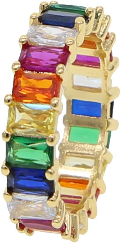 ATJMLADYJEWELRY Womens Gold Filled Fashion Jewelry Rainbow Square Baguette Cz Engage T Ring Colorful Cubic Zirconia Cz Eternity Band Ring