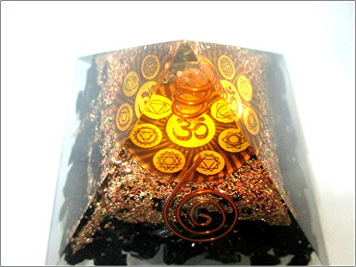 Jet Tourmaline Orgone Aum Pyramid Chakra Balancing 2.5 inch Natural Charged EMF Harmonizer Energy 3rd Eye Activation Meditation Vastu Healing Gemstone Jet Crystal Therapy Booklet Hand Carved Success
